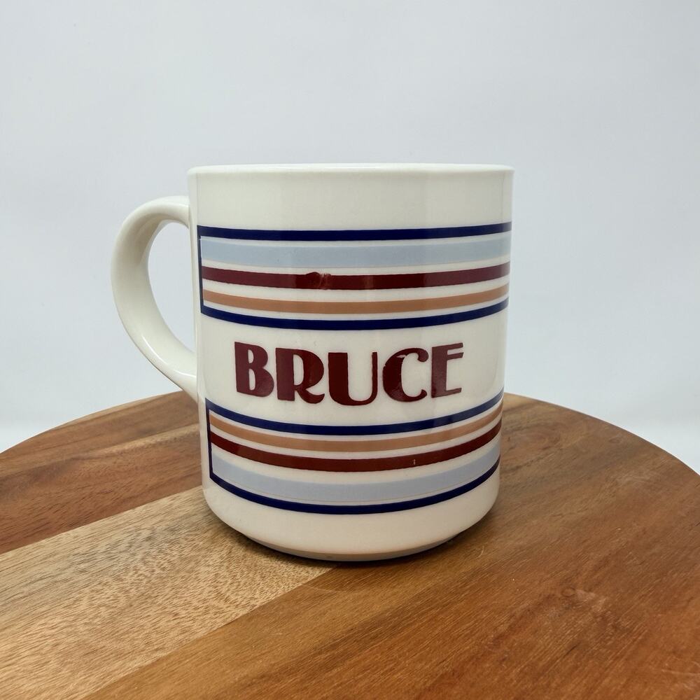 Vintage MT Clemens Pottery coffee mug cup Blue Red Ivory stripes BRUCE Read RARE